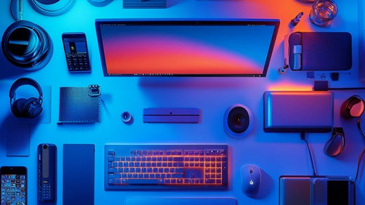 flatlay of desk top setup with aesthetic gadgets